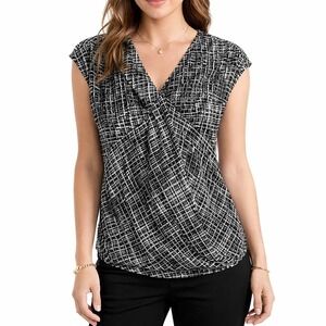 Ro & De Women Black White Abstract Draped V Neck Cap Sleeve Top Size S Career